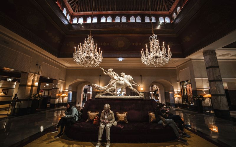 Grand hotel lobby with chandelier