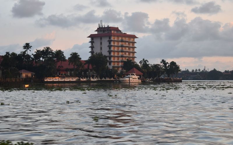 Riverside resort hotel at dusk